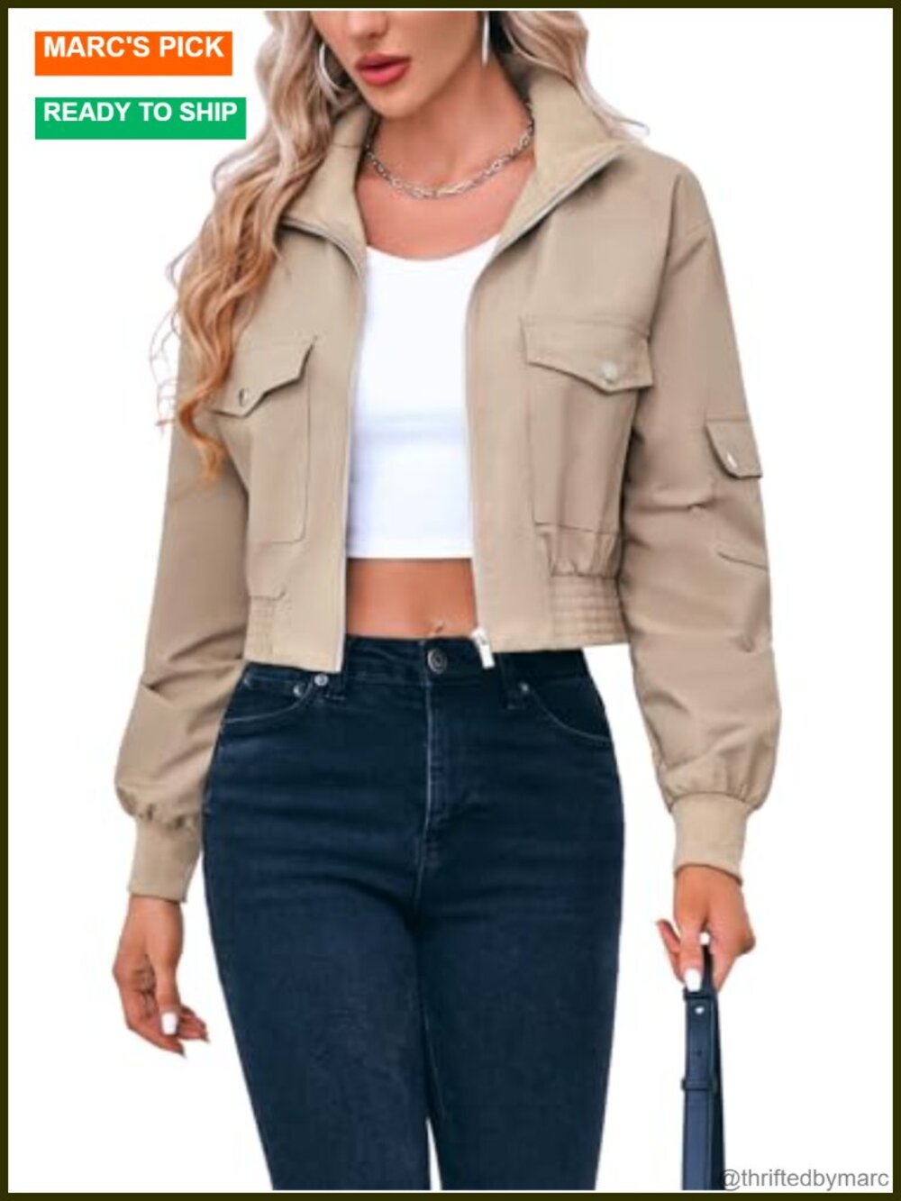 Women's Lightweight Crop Bomber Jacket Zip Up Utility Coat